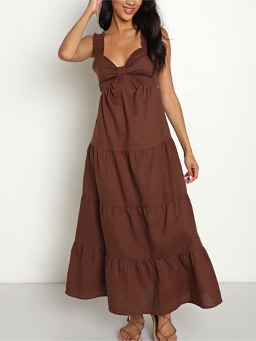 Charlie Holiday Diana Linen Cotton Blend Midi Dress in Chocolate Brown Size: 8